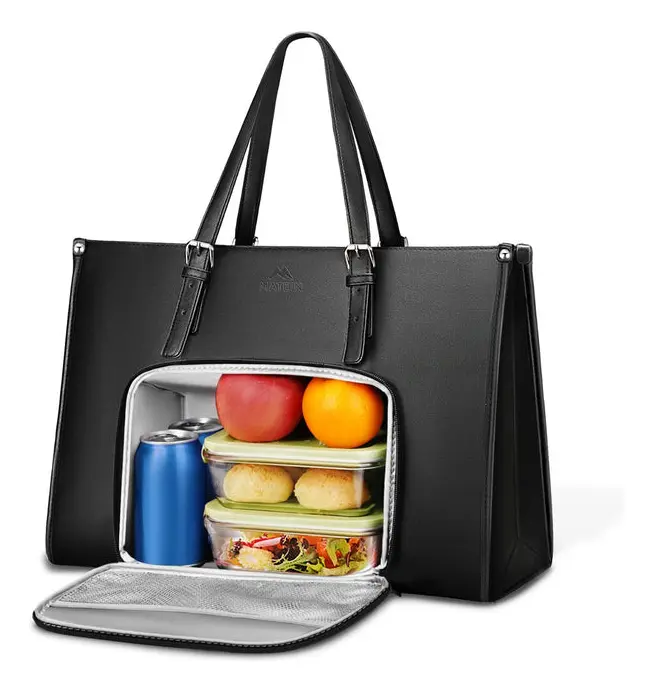 Bolsa Feminina Para Notebook Com Compartimento Térmico Para Almoço Bolsa Tote Executiva Pu Couro 15,6 Polegadas Mochila Conversível Leve Para Trabalho E Escritório, Matein 1447 Cor Preto Liso