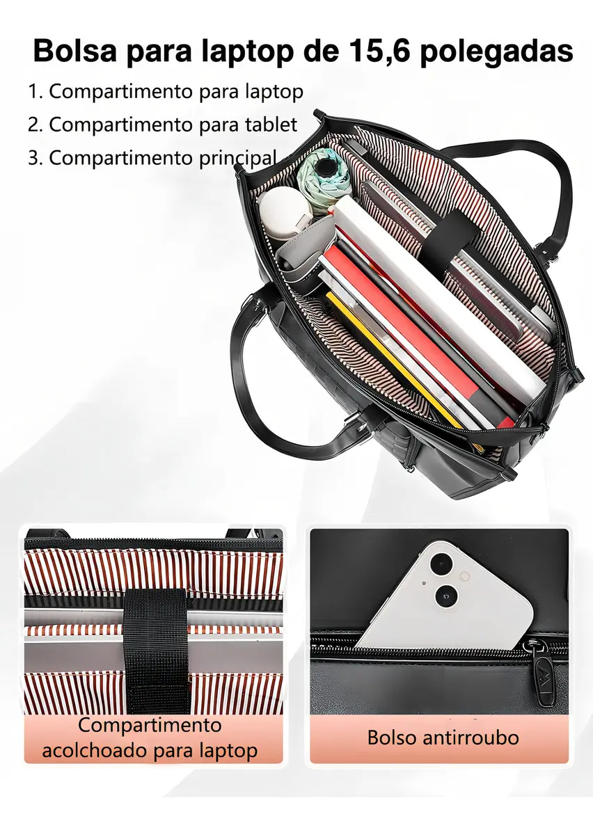 Bolsa Feminina Para Notebook Com Compartimento Térmico Para Almoço Bolsa Tote Executiva Pu Couro 15,6 Polegadas Mochila Conversível Leve Para Trabalho E Escritório, Matein 1447 Cor Preto Liso - imagem 4