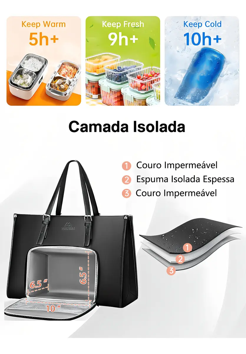 Bolsa Feminina Para Notebook Com Compartimento Térmico Para Almoço Bolsa Tote Executiva Pu Couro 15,6 Polegadas Mochila Conversível Leve Para Trabalho E Escritório, Matein 1447 Cor Preto Liso - imagem 3