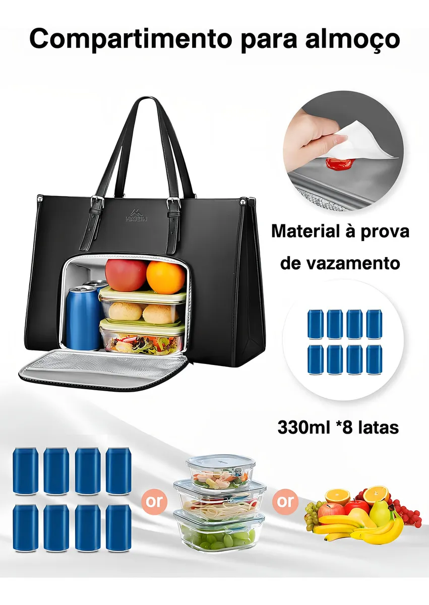 Bolsa Feminina Para Notebook Com Compartimento Térmico Para Almoço Bolsa Tote Executiva Pu Couro 15,6 Polegadas Mochila Conversível Leve Para Trabalho E Escritório, Matein 1447 Cor Preto Liso - imagem 2